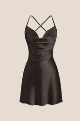 Straps Black Satin Cowl Neck Mini Dress