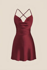 Straps Burgundy Satin Cowl Neck Mini Dress