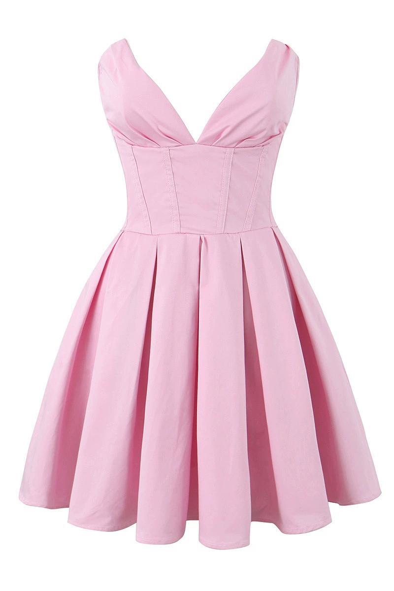 V-neck Pink Pleated Short Party Dress