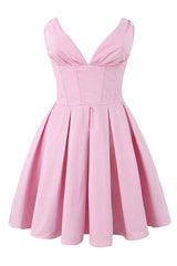 V-neck Pink Pleated Short Party Dress